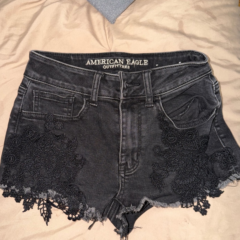 American Eagle Outfitters Gray Jean Shorts with Black Lace
